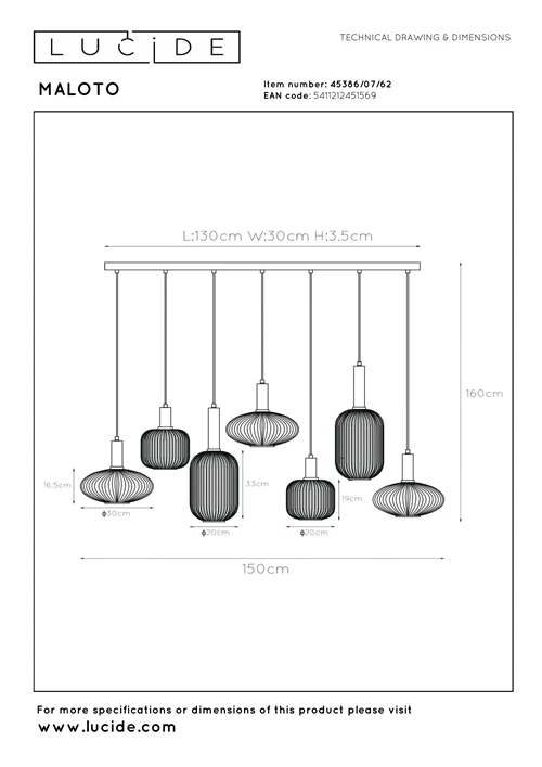 Lucide MALOTO - Hanglamp - 7xE27 - Amber - technisch